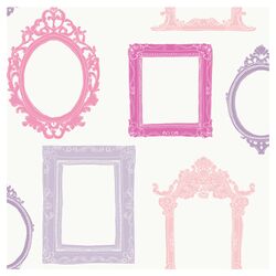 Peek-A-Boo Picture Gallery Wallpaper in Lavender & Pink