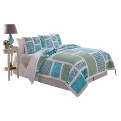 Barclay Full / Queen Quilt Set in Aqua & Chocolate