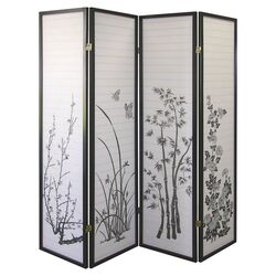 Floral 4 Panel Room Divider in Black & White