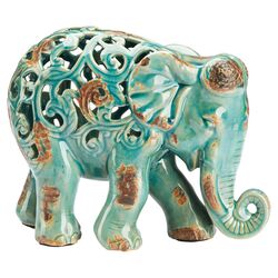 Fretwork Elephant Figurine in Burnished Teal