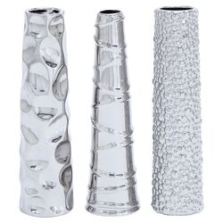 Contemporary 3 Piece Ceramic Vase Set in Silver