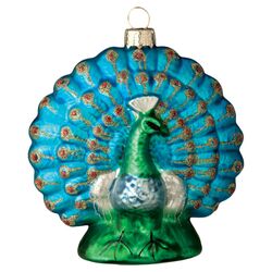 Peacock Glass Ornament in Teal (Set of 2)