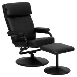 Contemporary Leather Recliner & Ottoman in Black I Contemporary Leather Recliner & Ottoman in Black I