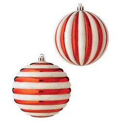 6 Piece Striped Ball Ornament Set in Red & White