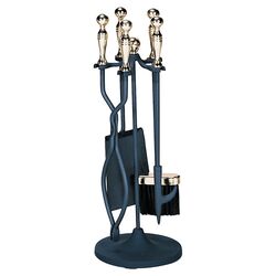 4 Piece Stoveset & Stand in Polished Brass & Black