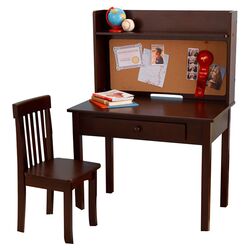 Pinboard Writing Desk, Hutch, & Chair in Brown