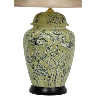 Oriental Furniture Birds and Flowers Lamp in Jade Green