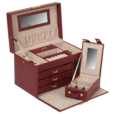 Wolf Designs Heritage Chelsea Large Jewelry Case with Three Drawers and Travel Case in Scarlet