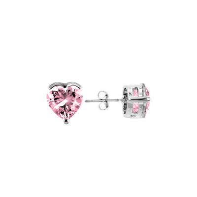 Silver-Tone Pink Heart Cubic Zirconia Stud Earrings