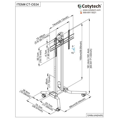 Cotytech Adjustable Ergonomic Mobile TV Cart for 32" - 56"