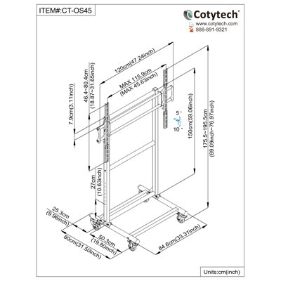 Cotytech Adjustable Ergonomic Mobile TV Cart for 56" - 70"