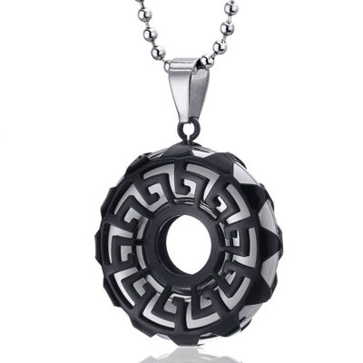 Art Deco Stainless Steel Greek Key Circle Pendant