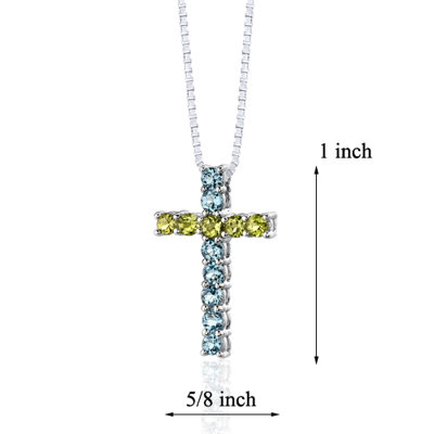 Oravo 1.50 Carats Total Weight Round Shape Swiss Blue Topaz and Peridot Cross Pendant Necklace in Sterling Silver