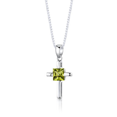 Oravo Sterling Silver Cross Design 2.50 Carats Princess Cut Peridot Pendant Earrings and 18" Necklace Set
