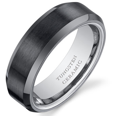 Oravo Men's Brushed Center Tungsten Ceramic Beveled Edge Wedding Band