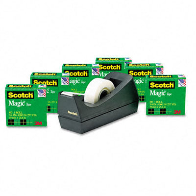 3M Magic Tape Value Pack with Dispenser, 3/4" x 28 Yards, 1" Core, Six/Pack                                                     