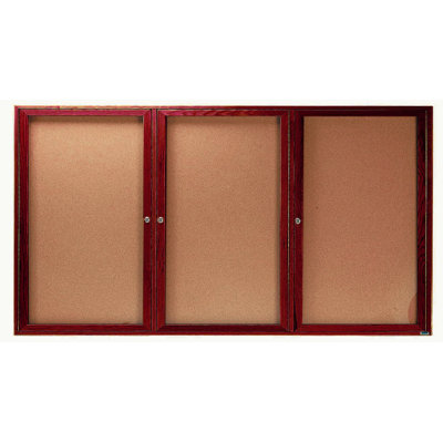AARCO Enclosed Bulletin Board with Red Oak Frame