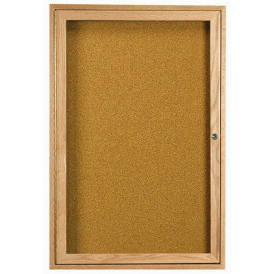 AARCO Enclosed Bulletin Board with Red Oak Frame
