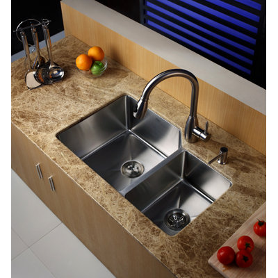 Kraus Undermount 32" Double Bowl 70/30 Kitchen Sink with Faucet and Soap Dispenser