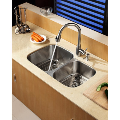 Kraus  Stainless Steel Undermount 32" Double Bowl Kitchen Sink with Pull-Out Kitchen Faucet and Soap Dispenser