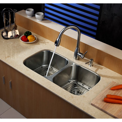 Kraus 32 inch Undermount Double Bowl Stainless Steel Kitchen Sink with Kitchen Faucet and Soap Dispenser