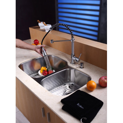 Kraus 32" Undermount 60/40 Double Bowl Kitchen Sink with 20" Faucet and Soap Dispenser