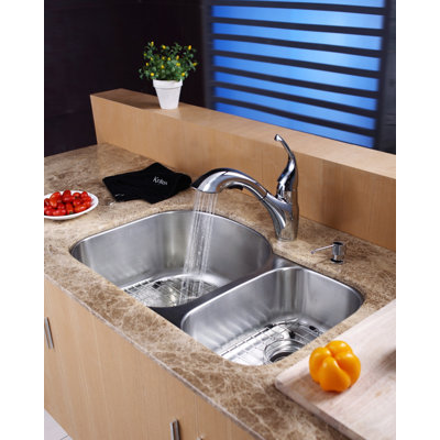 Kraus 32" Undermount 70/30 Double Bowl Kitchen Sink with 11" Faucet and Soap Dispenser