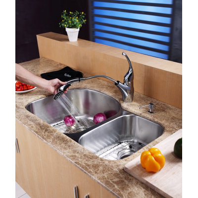 Kraus 32" Undermount 70/30 Double Bowl Kitchen Sink with 11" Faucet and Soap Dispenser