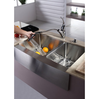 Kraus Farmhouse 33" 70/30 Double Bowl Kitchen Sink with Faucet and Soap Dispenser