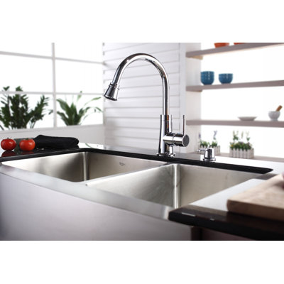 Kraus Farmhouse 36" 70/30 Double Bowl Kitchen Sink with Faucet and Soap Dispenser