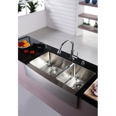 Kraus Farmhouse 36" 70/30 Double Bowl Kitchen Sink with Faucet and Soap Dispenser