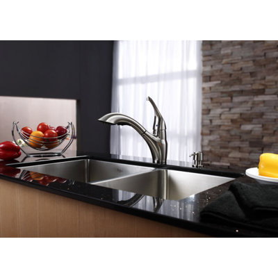 Kraus 33" Undermount 70/30 Double Bowl Kitchen Sink with 11" Faucet and Soap Dispenser