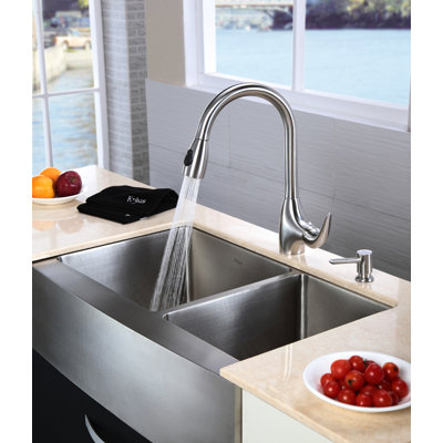 Kraus Farmhouse 33" Double Bowl Kitchen Sink with Faucet and Soap Dispenser