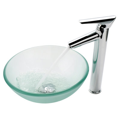 Kraus Frosted Glass 14" Vessel Sink and Decus Bathroom Faucet in Chrome