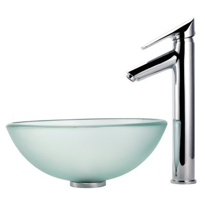 Kraus Frosted Glass 14" Vessel Sink and Decus Bathroom Faucet in Chrome