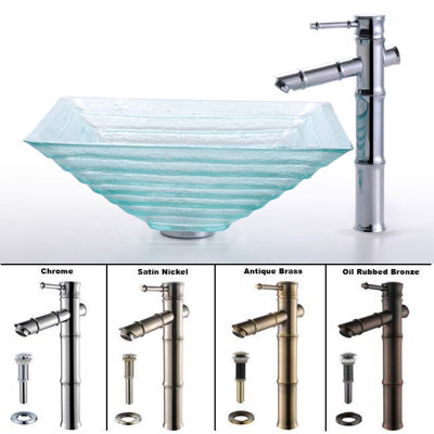 Kraus Square Clear Alexandrite Glass Sink and Bamboo Faucet