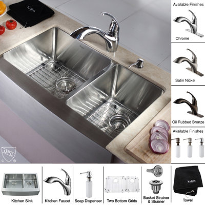 Kraus Farmhouse 33" 70/30 Double Bowl Kitchen Sink with Faucet and Soap Dispenser
