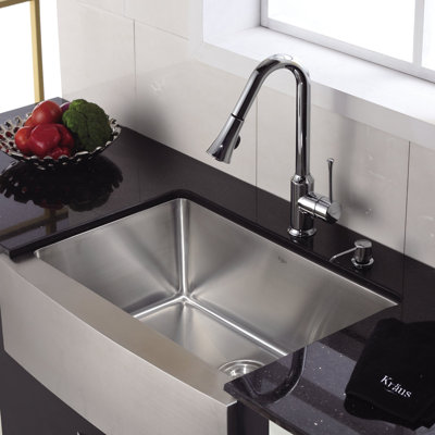 Kraus 30 inch Single Bowl Stainless Steel Kitchen Sink with Chrome Kitchen Faucet and Soap Dispenser