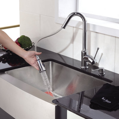 Kraus 30 inch Single Bowl Stainless Steel Kitchen Sink with Chrome Kitchen Faucet and Soap Dispenser