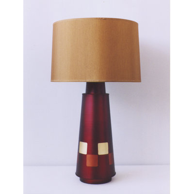 Checkered Tower Table Lamp in Raku with Gold Shade