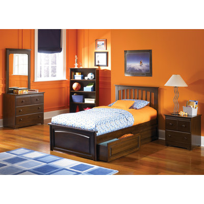 Atlantic Furniture Brooklyn Platform Bed with Raised Panel Drawers in Antique Walnut