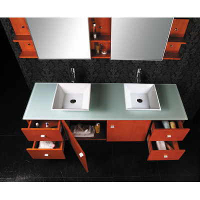Virtu Ultra Modern Clarissa 61" Double Bathroom Vanity Set with Glass Top in Honey Oak
