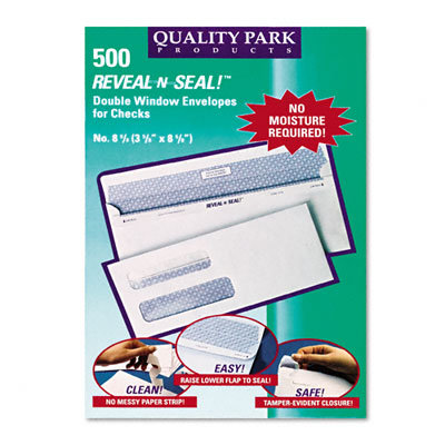 Quality Park Products Reveal-N-Seal Double Window Check Envelope, Self-Adhesive, White, 500/box