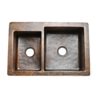 Premier Copper Products 33" Copper Hammered 40/60 Double Bowl Kitchen Sink in Oil Rubbed Bronze