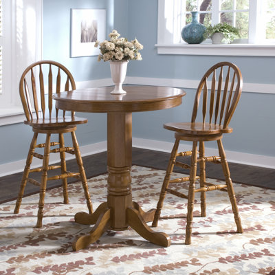 Liberty Furniture Nostalgia Casual Dining 5 Piece Round Pub Table Set with Press Back Barstools in Medium Oak