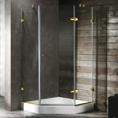 Vigo Neo-Angle Door Frameless Shower Enclosure with Base & Knob Handles