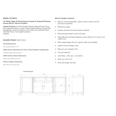 Furnitech Shaker Style 70" TV Stand with Electric Fireplace