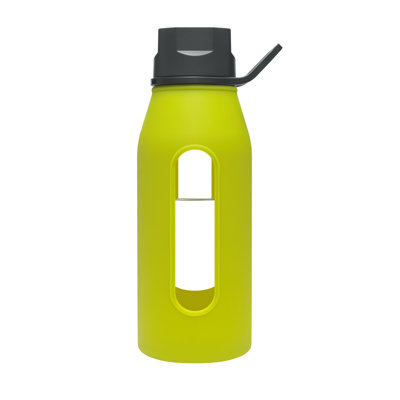 Takeya 16 Oz Classic Glass Water Bottle with Black Lid and Jacket in Green Apple