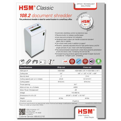 HSM of America,LLC Shredder, Strip Cut, 18 Sheet Capacity, 15-4/5"x10-7/10"x28-3/5", Beige