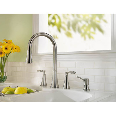 Price Pfister Petaluma Two Handle Widespread Pull-Out Kitchen Faucet with Soap Dispenser